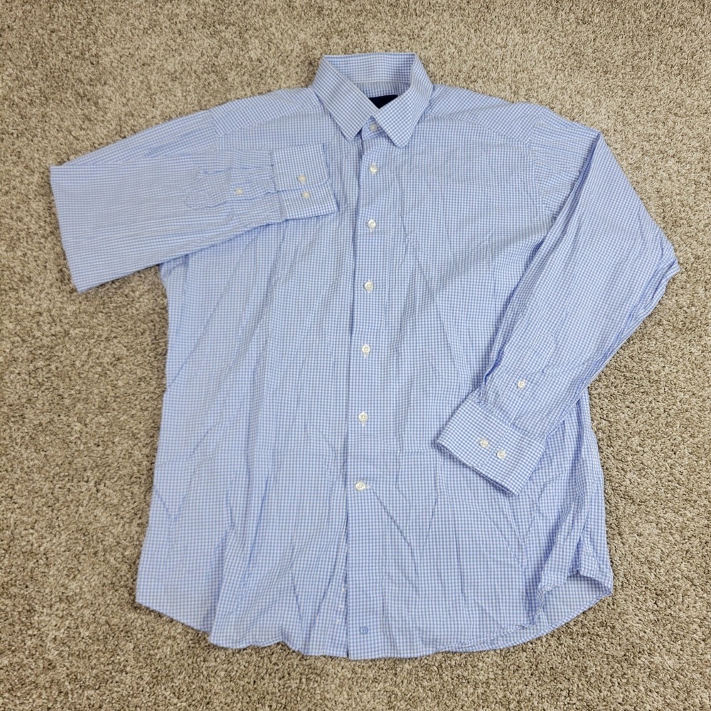 David Donahue Slim Mens 17-34/35 Blue White Gingham Check Button Up Long Sleeve